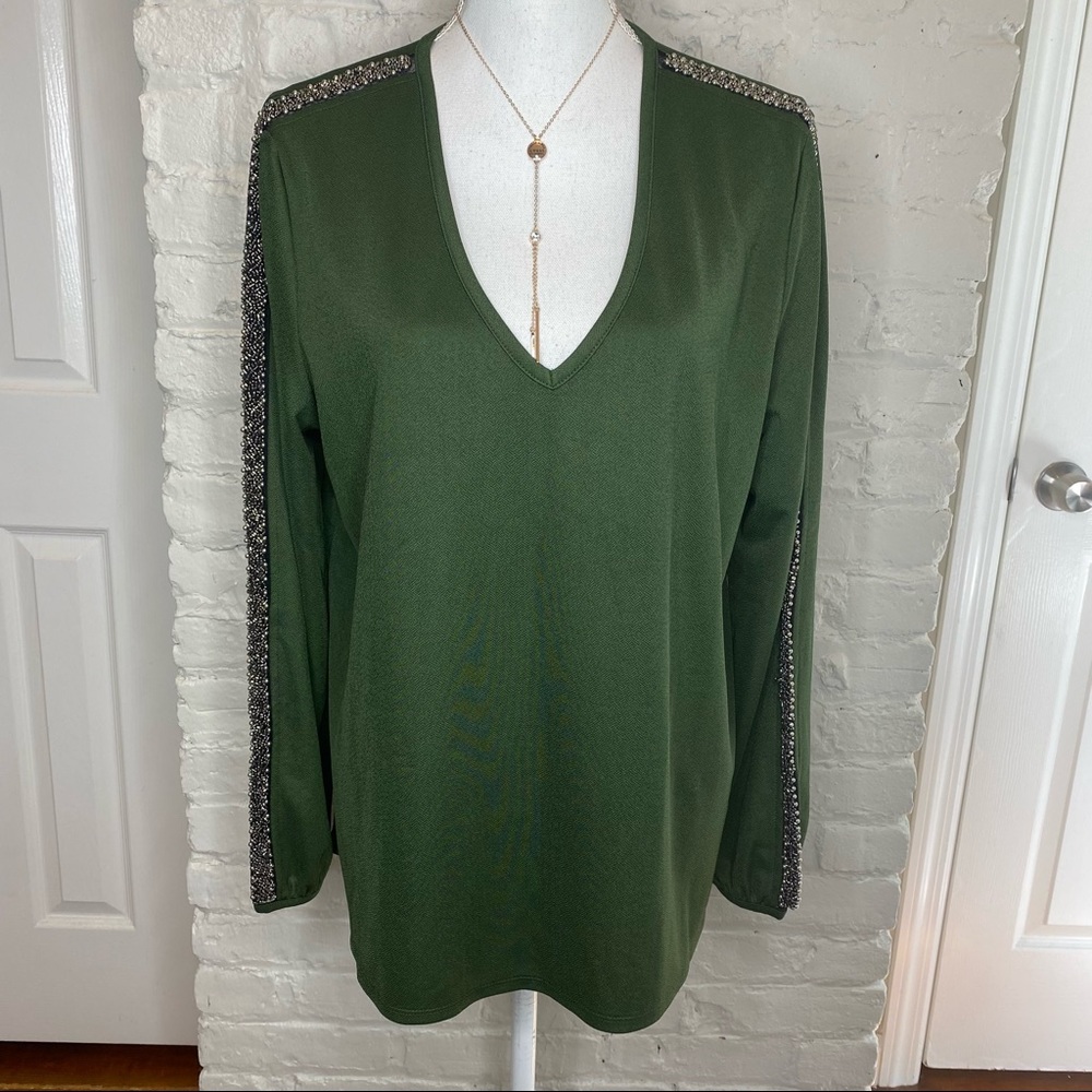 The Limited Green Beaded Sleeve V Neck Blouse L